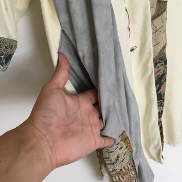 Nativewear Designs Womens Long Kimono Coat XS Cream Gray Beaded Patchy Oversize - Picture 4 of 10